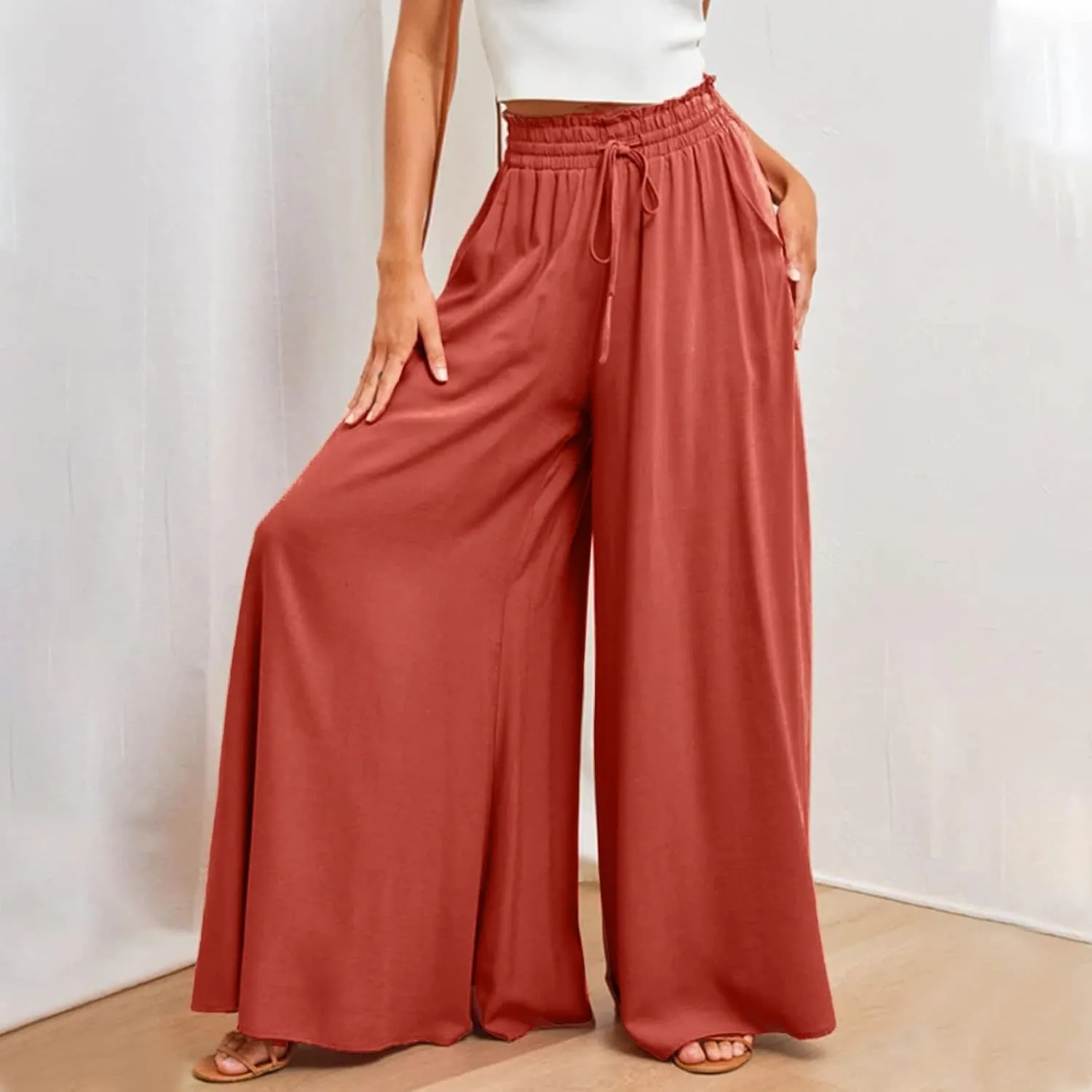 Flowy Wide Leg Pants for Women Ladies Chiffon High Waisted Palazzo Pants Comfy Paperbag Beach Pants with Pockets