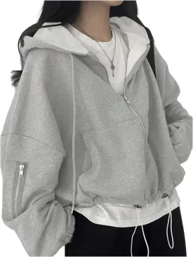 GORGLITTER Women's Zip Up Drawstring Hoodie Long Sleeve Kangaroo Pocket Loose Sweatshirt