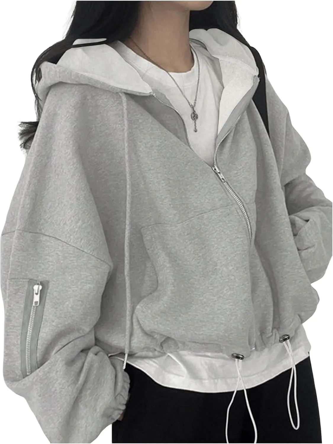 GORGLITTER Women's Zip Up Drawstring Hoodie Long Sleeve Kangaroo Pocket Loose Sweatshirt