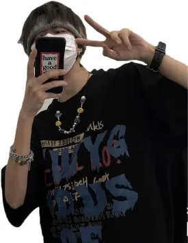 Graffiti Letter Graphic Print T-Shirt Short Sleeve Oversized Top Y2k Grunge Aesthetic Shirt Gothic Streetwear Clothing