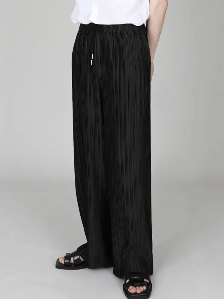 Hnzxzm Men Clothing 2024 Spring Autumn Ice Silk Pleated Wide Leg Pants Elastic Waist Causal Loose Straight Trousers For Male