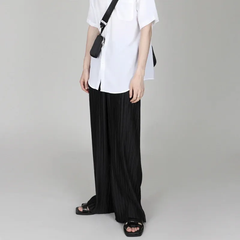 Hnzxzm Men Clothing 2024 Spring Autumn Ice Silk Pleated Wide Leg Pants Elastic Waist Causal Loose Straight Trousers For Male