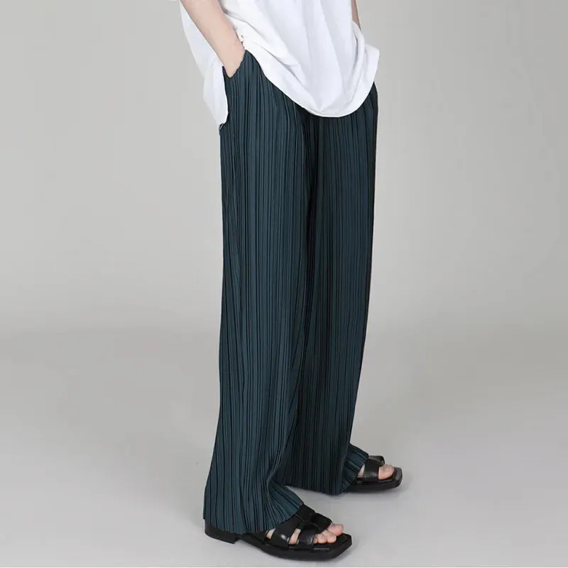 Hnzxzm Men Clothing 2024 Spring Autumn Ice Silk Pleated Wide Leg Pants Elastic Waist Causal Loose Straight Trousers For Male