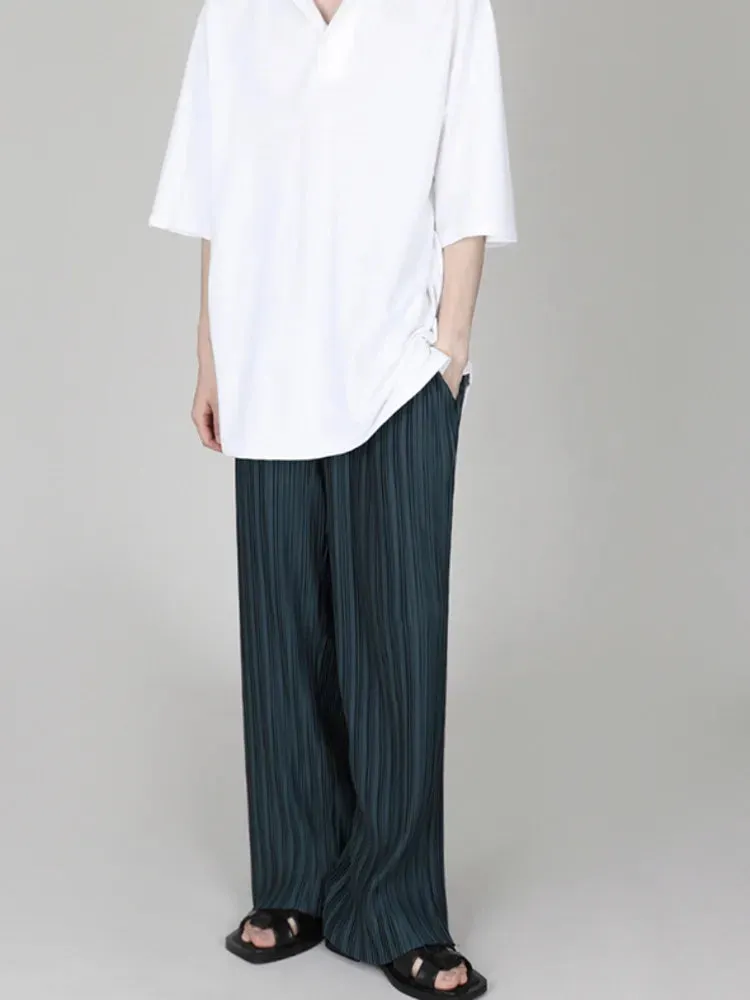 Hnzxzm Men Clothing 2024 Spring Autumn Ice Silk Pleated Wide Leg Pants Elastic Waist Causal Loose Straight Trousers For Male