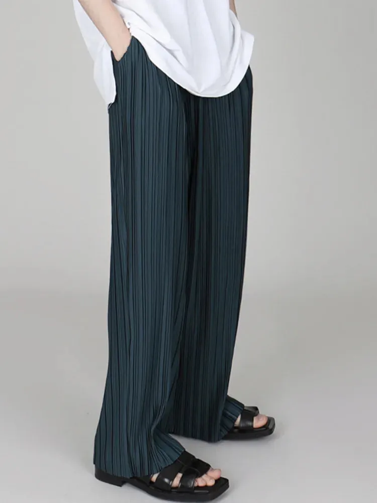 Hnzxzm Men Clothing 2024 Spring Autumn Ice Silk Pleated Wide Leg Pants Elastic Waist Causal Loose Straight Trousers For Male