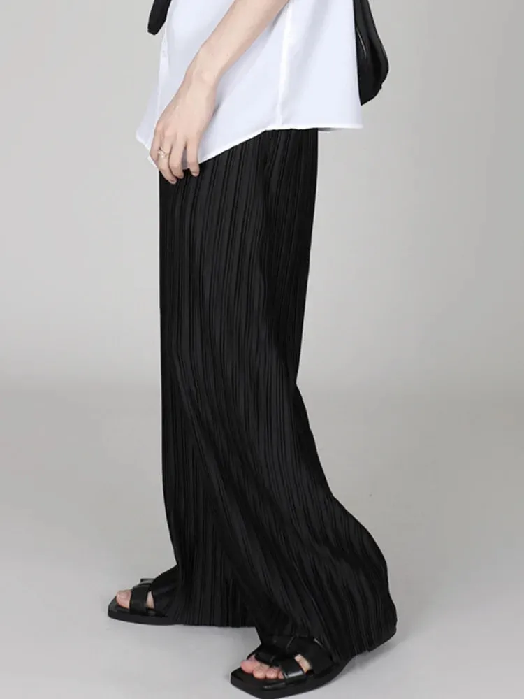 Hnzxzm Men Clothing 2024 Spring Autumn Ice Silk Pleated Wide Leg Pants Elastic Waist Causal Loose Straight Trousers For Male