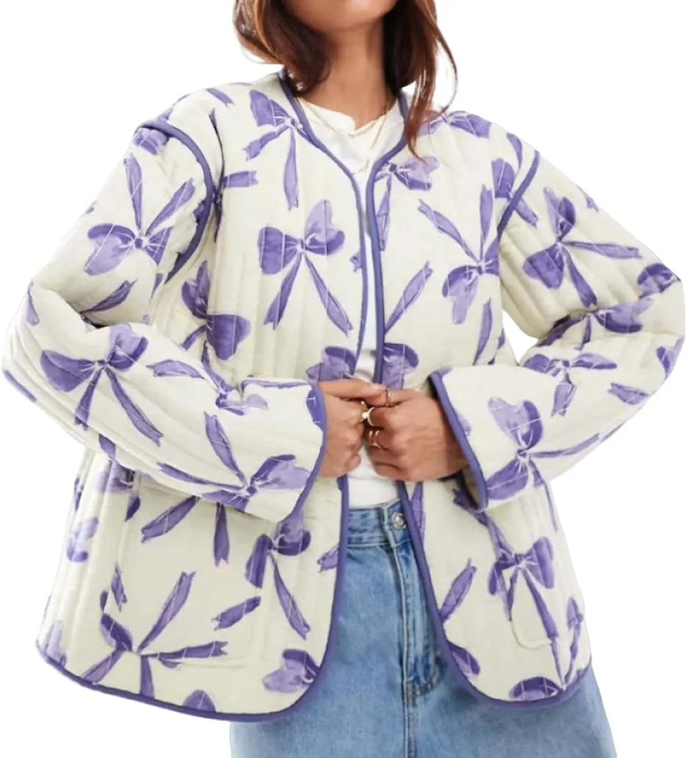 HOTIAN Floral Printed Puff Jackets for Women Lightweight Cropped Padded Puffer Jacket Cardigan Quilted Winter Coats