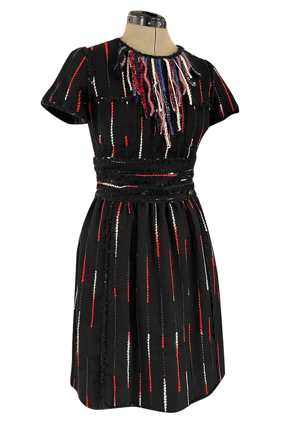 Iconic Fall 2010 Chanel by Karl Lagerfeld Look 21 Runway Black Knit Boucle Dress w Fringe Detailing