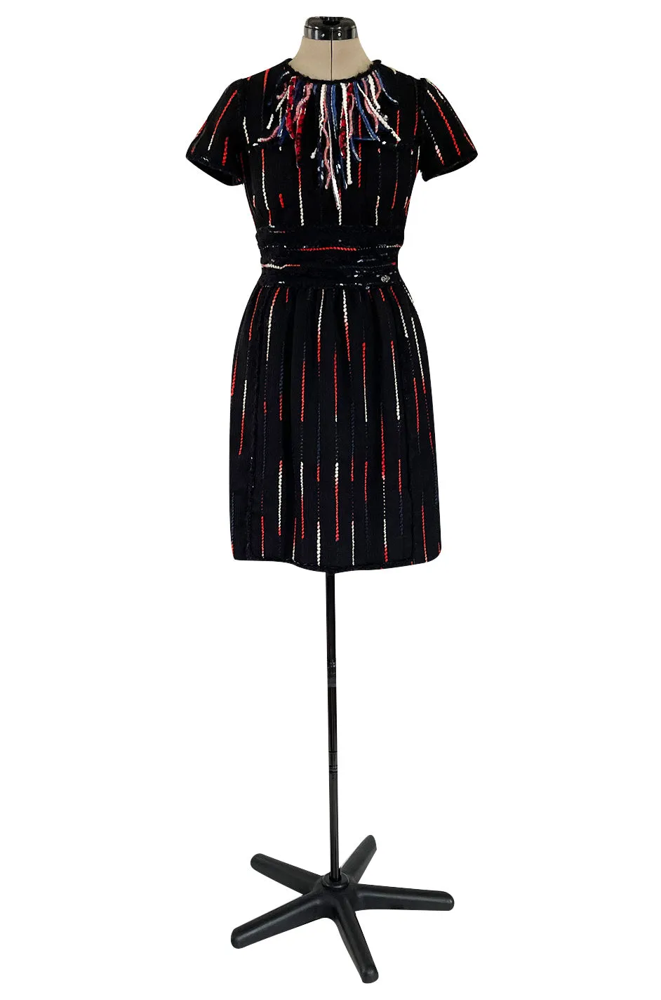 Iconic Fall 2010 Chanel by Karl Lagerfeld Look 21 Runway Black Knit Boucle Dress w Fringe Detailing