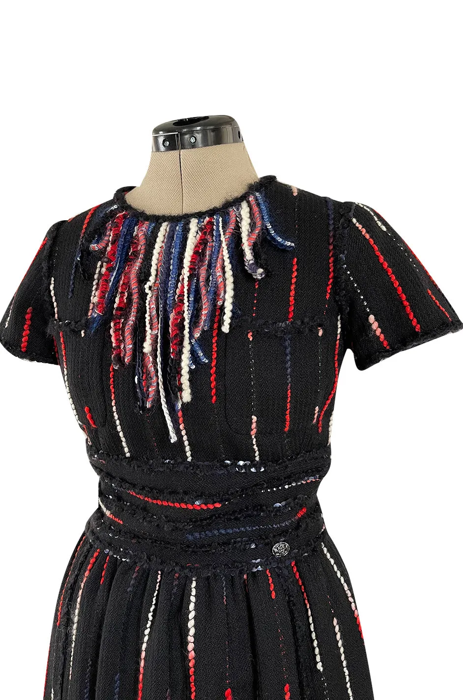 Iconic Fall 2010 Chanel by Karl Lagerfeld Look 21 Runway Black Knit Boucle Dress w Fringe Detailing