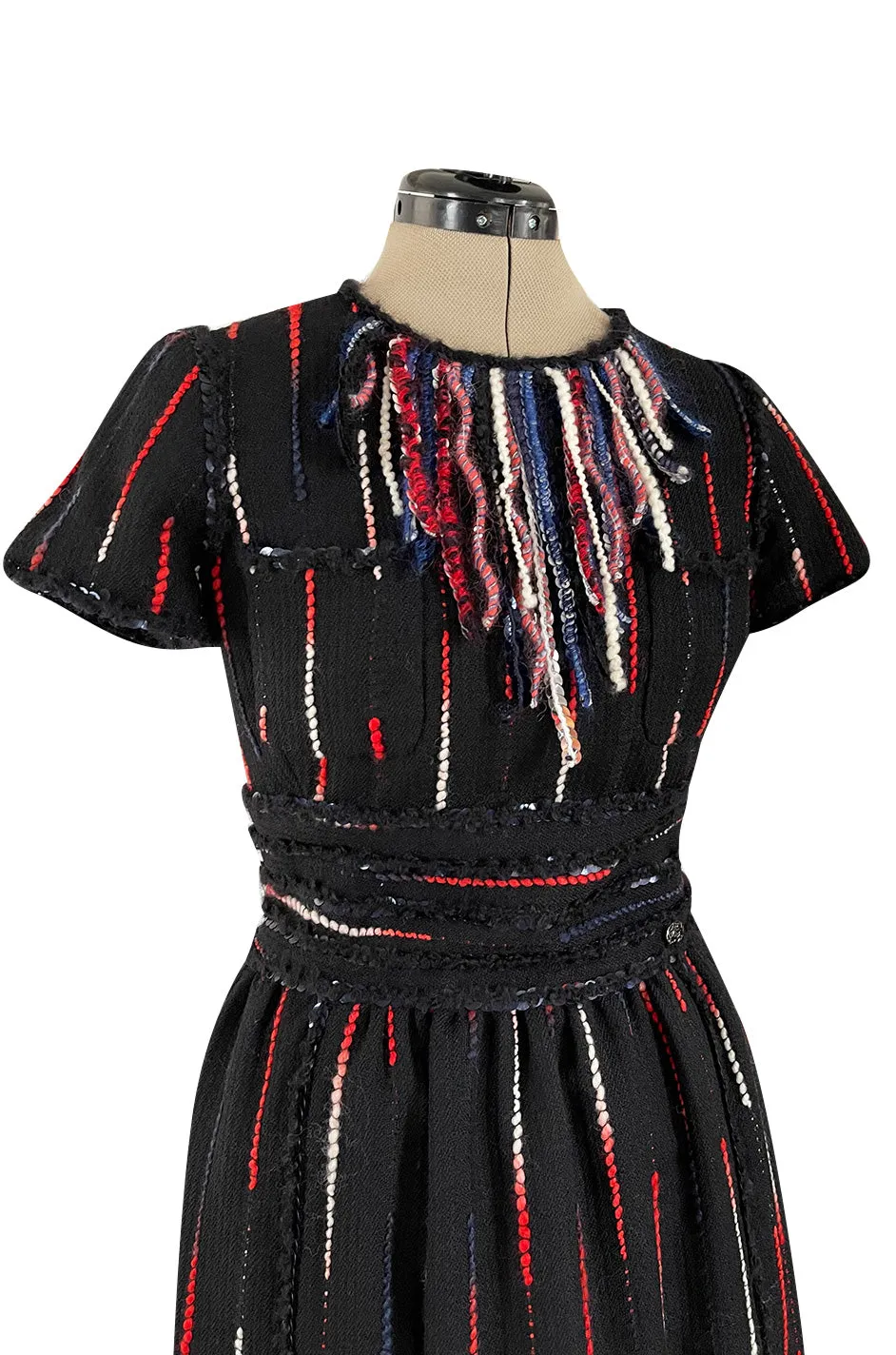 Iconic Fall 2010 Chanel by Karl Lagerfeld Look 21 Runway Black Knit Boucle Dress w Fringe Detailing