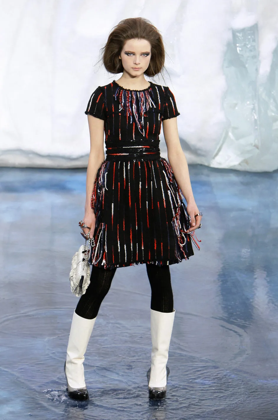 Iconic Fall 2010 Chanel by Karl Lagerfeld Look 21 Runway Black Knit Boucle Dress w Fringe Detailing