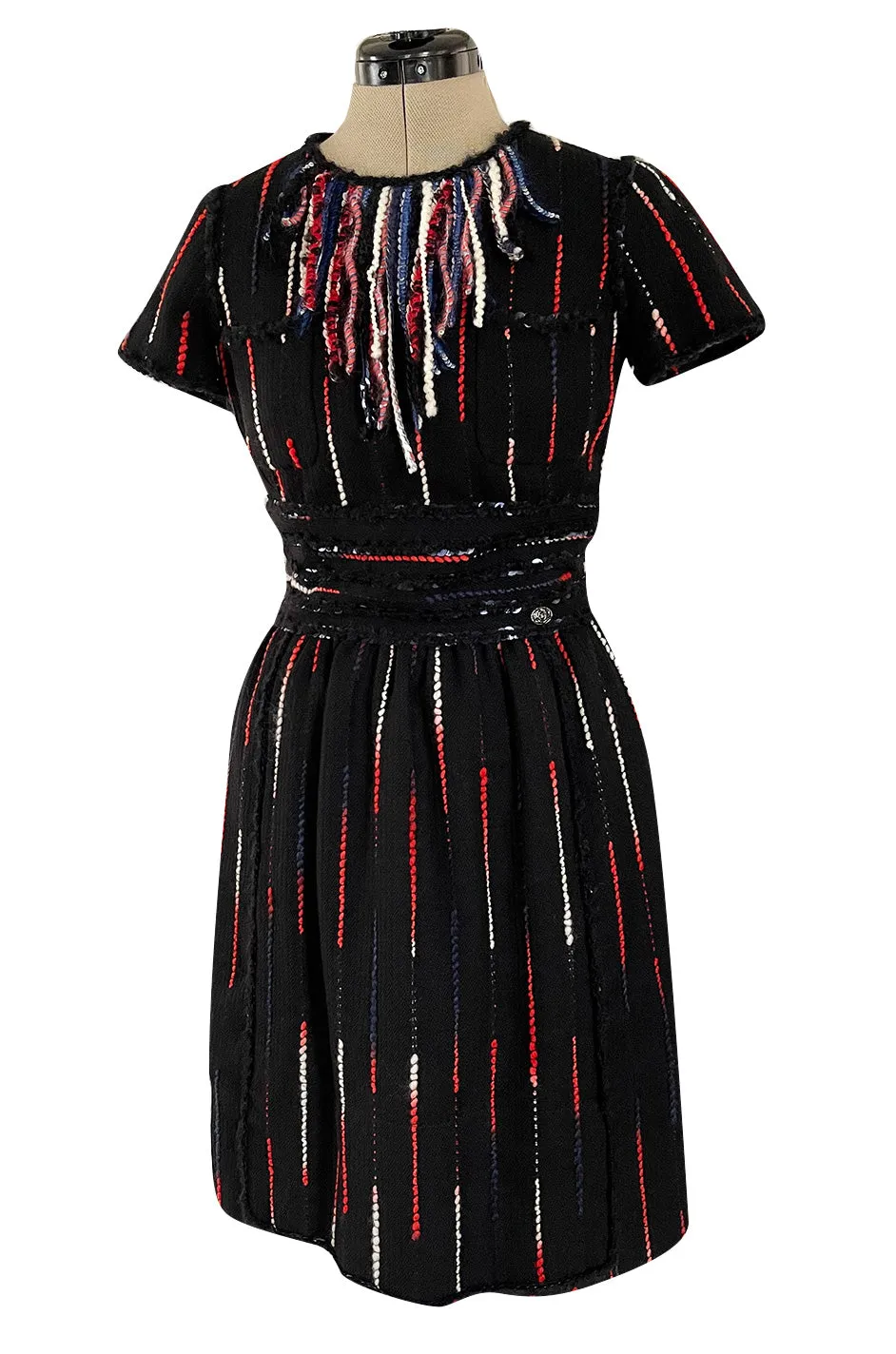 Iconic Fall 2010 Chanel by Karl Lagerfeld Look 21 Runway Black Knit Boucle Dress w Fringe Detailing