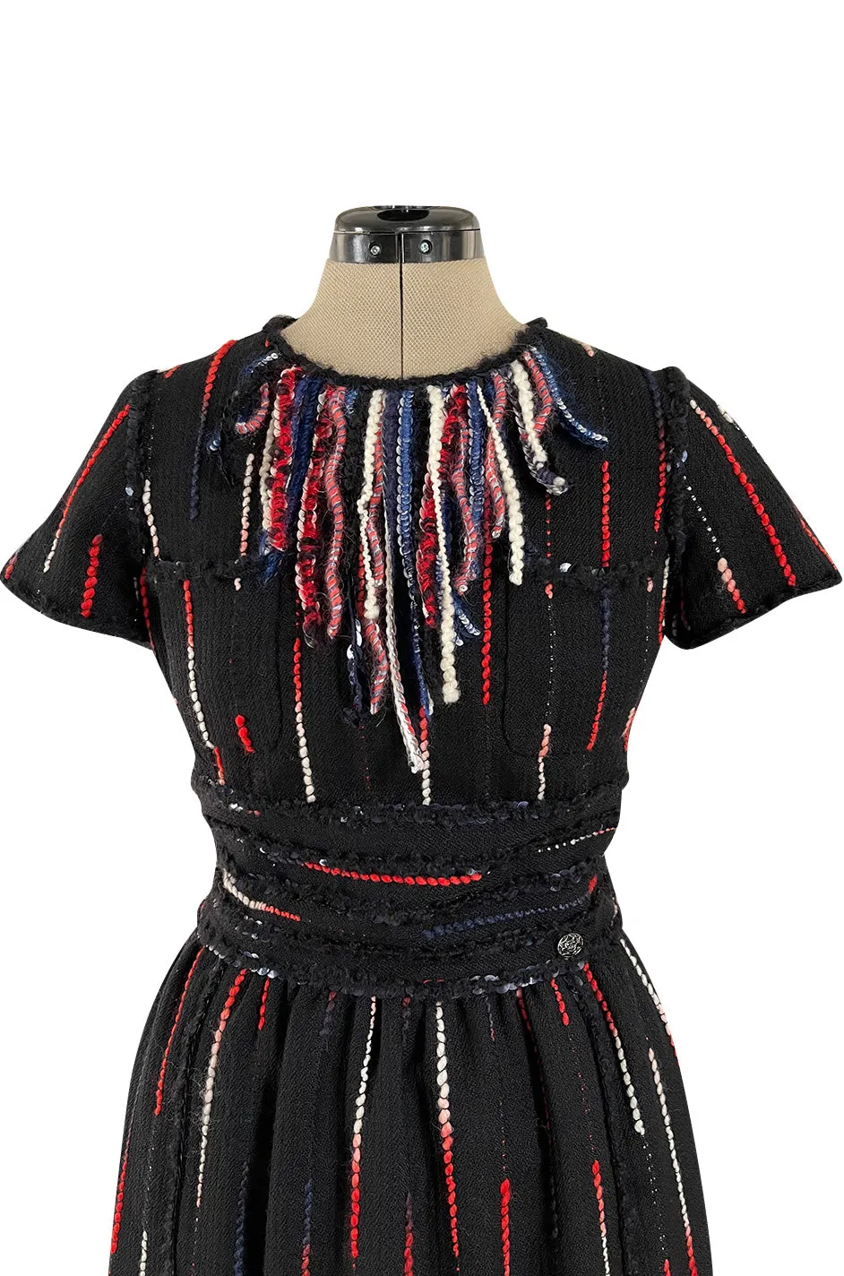 Iconic Fall 2010 Chanel by Karl Lagerfeld Look 21 Runway Black Knit Boucle Dress w Fringe Detailing