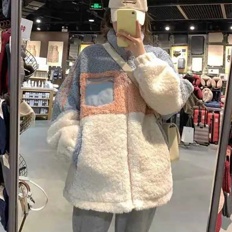 Joskaa 2024 Autumn And Winter Women Contrast Color Stitching Lamb Wool Coat Ladies Fashion Loose Warm Wild Padded Stand Neck Jacket