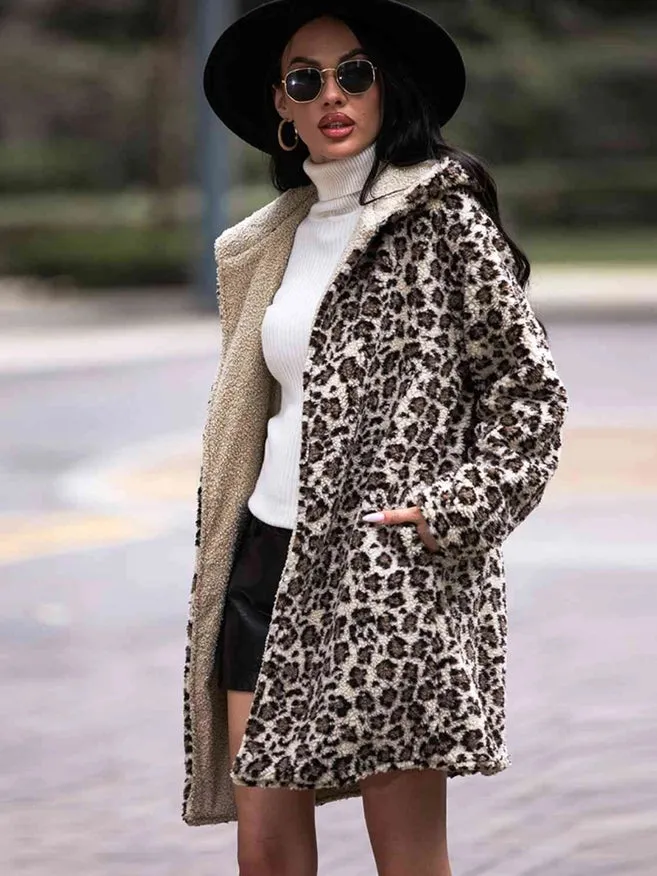 Leopard Hooded Coat With Pockets