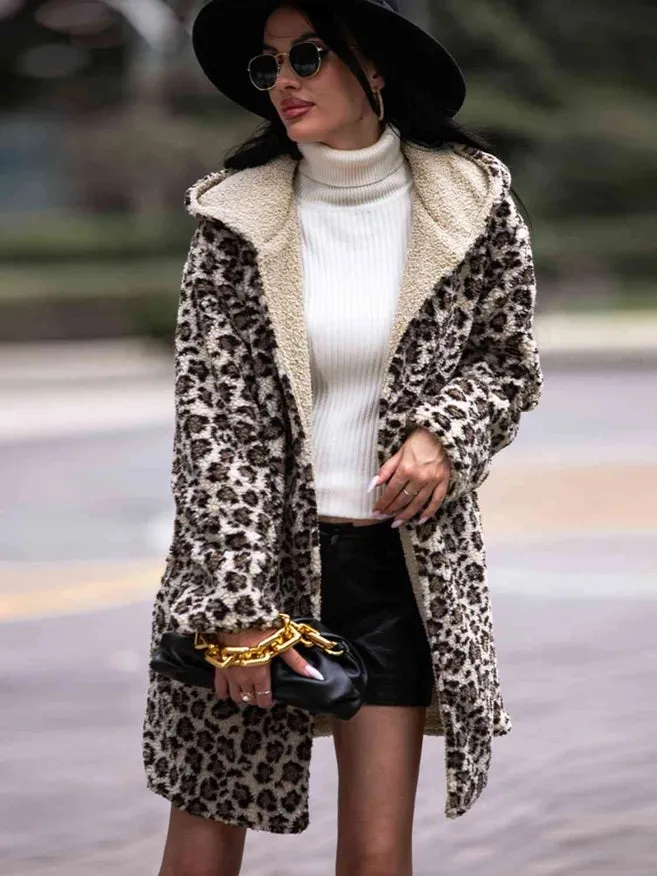 Leopard Hooded Coat With Pockets