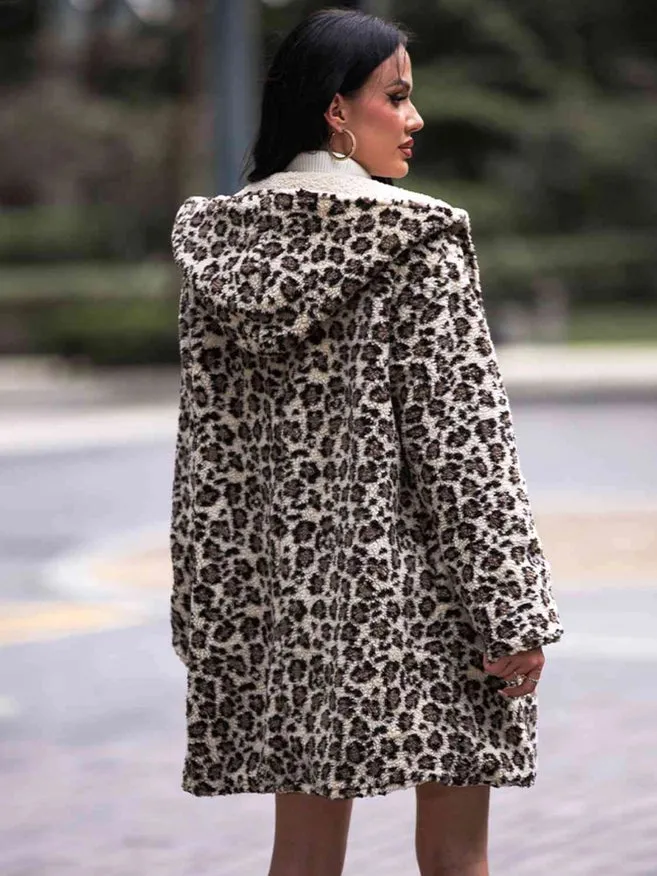 Leopard Hooded Coat With Pockets