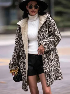 Leopard Hooded Coat With Pockets