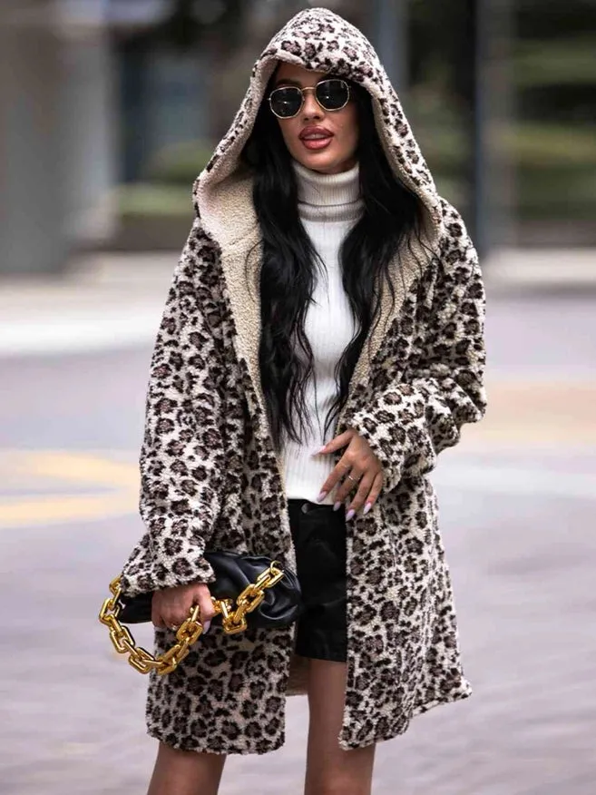 Leopard Hooded Coat With Pockets