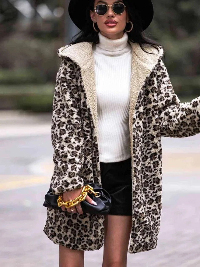 Leopard Hooded Coat With Pockets