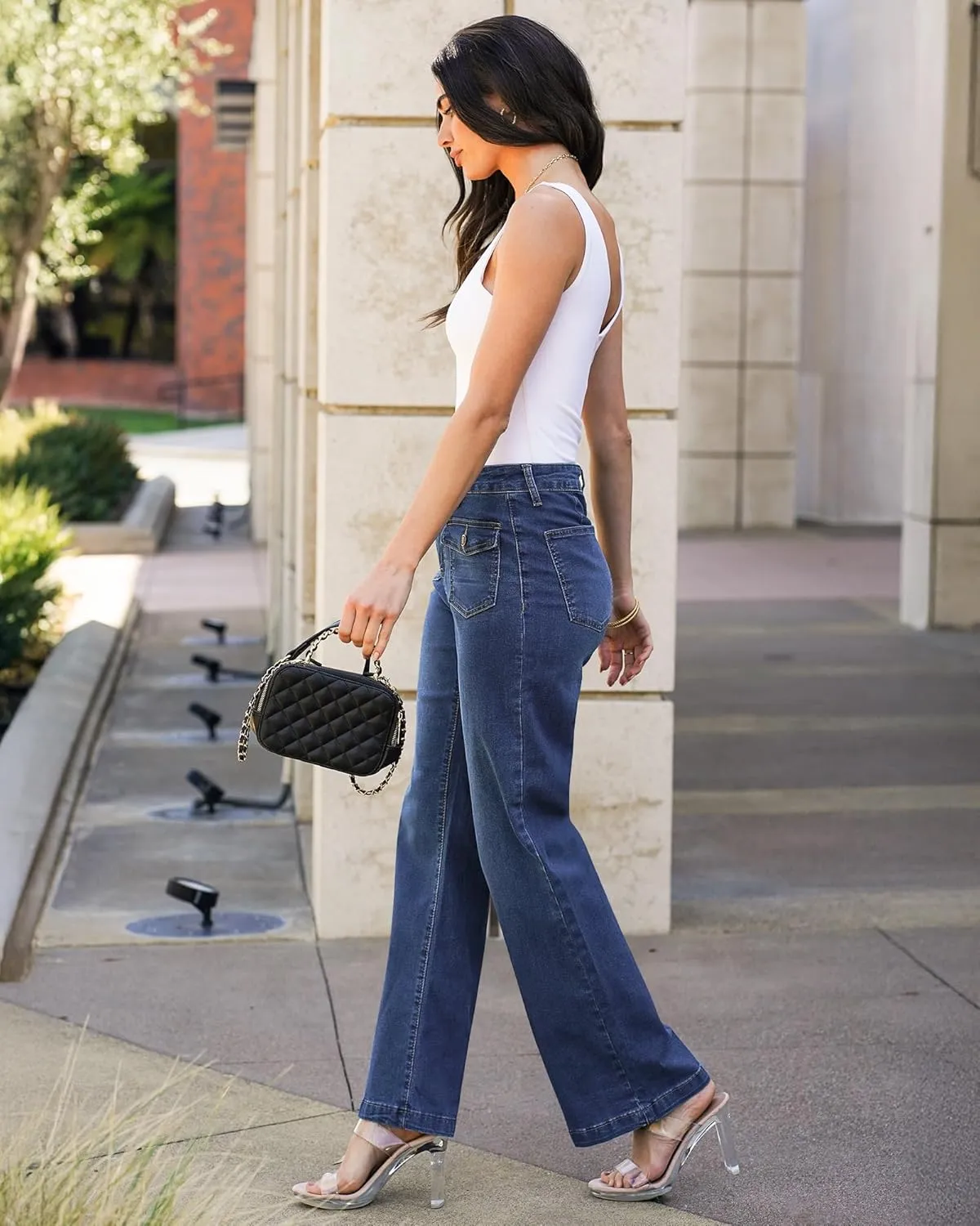 luvamia Wide Leg Jeans Woman High Waisted Trendy Stretchy Denim Work Trouser Jeans with Retro Button Flap Patch Pockets