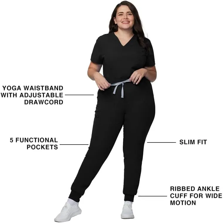 Medical Scrub Pants for Women - Mid Rise 4-Way Stretch Anti-Wrinkle Slim Fit Jogger Pants, Drawstring & 5 Pockets