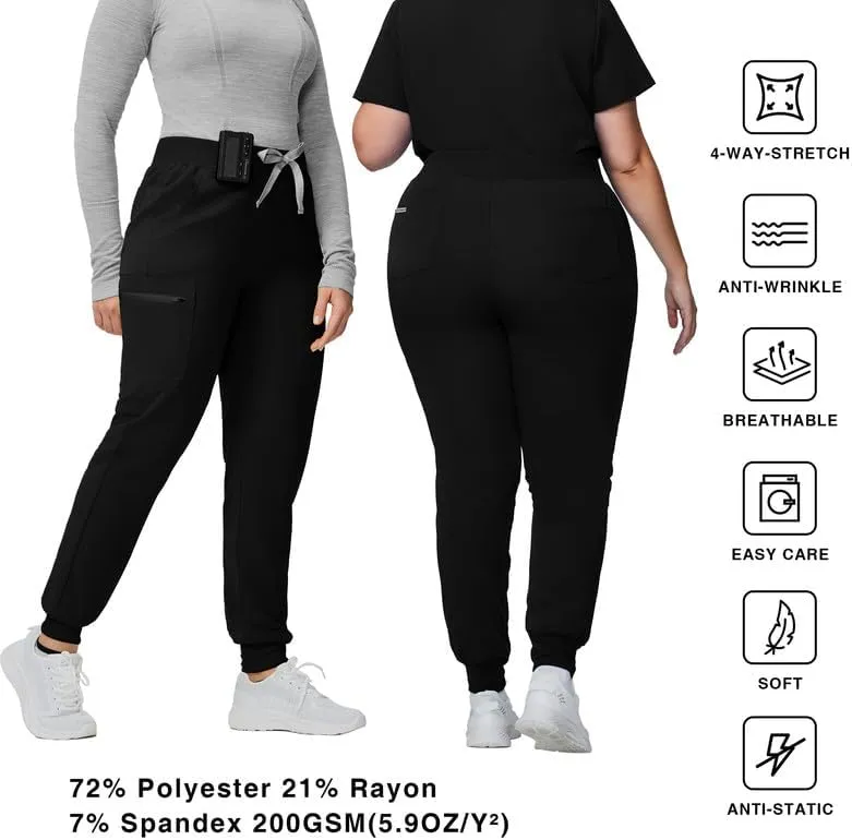 Medical Scrub Pants for Women - Mid Rise 4-Way Stretch Anti-Wrinkle Slim Fit Jogger Pants, Drawstring & 5 Pockets