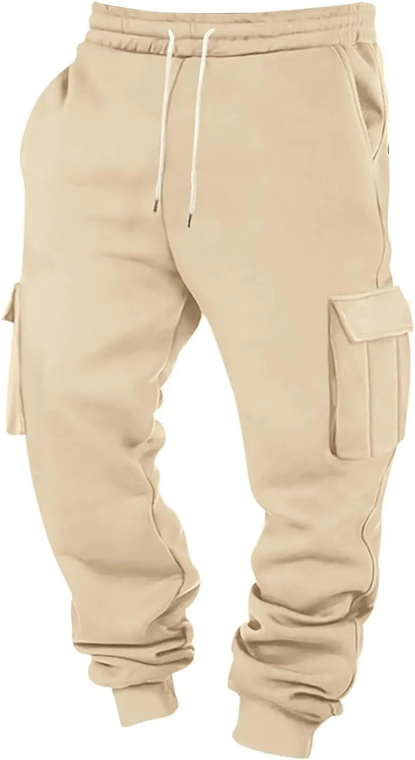 Mens Cargo Sweatpants Cotton Fleece Lined Joggers Pants Baggy Drawstring Elastic Waist Multi Pockets Workout Pants