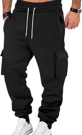 Mens Cargo Sweatpants Cotton Fleece Lined Joggers Pants Baggy Drawstring Elastic Waist Multi Pockets Workout Pants