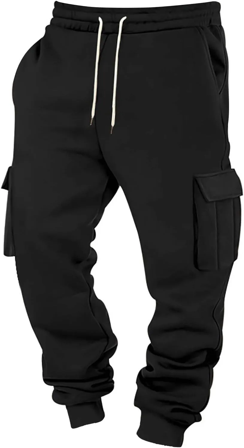 Mens Cargo Sweatpants Cotton Fleece Lined Joggers Pants Baggy Drawstring Elastic Waist Multi Pockets Workout Pants