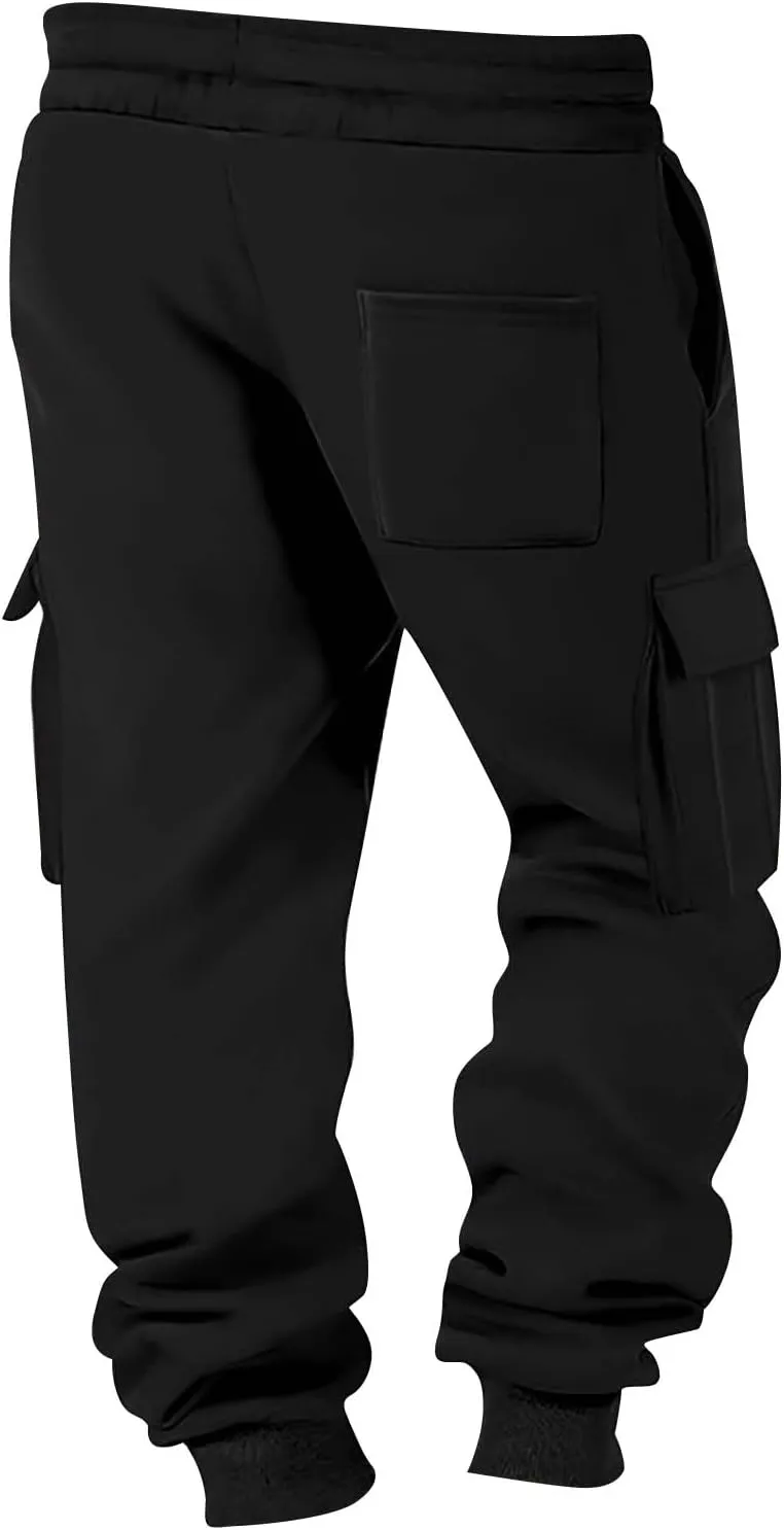 Mens Cargo Sweatpants Cotton Fleece Lined Joggers Pants Baggy Drawstring Elastic Waist Multi Pockets Workout Pants