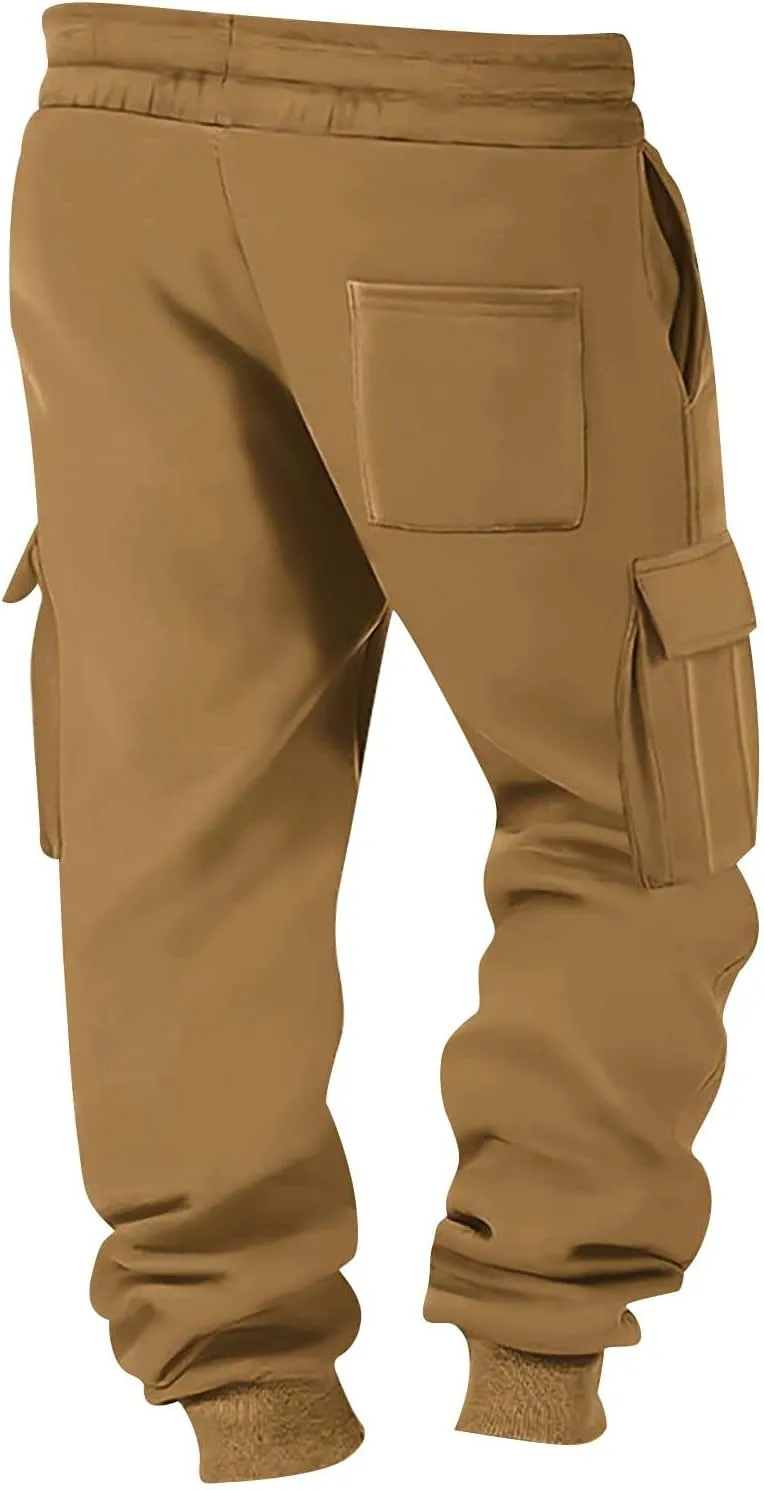 Mens Cargo Sweatpants Cotton Fleece Lined Joggers Pants Baggy Drawstring Elastic Waist Multi Pockets Workout Pants