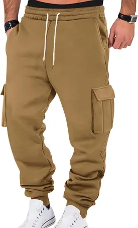 Mens Cargo Sweatpants Cotton Fleece Lined Joggers Pants Baggy Drawstring Elastic Waist Multi Pockets Workout Pants