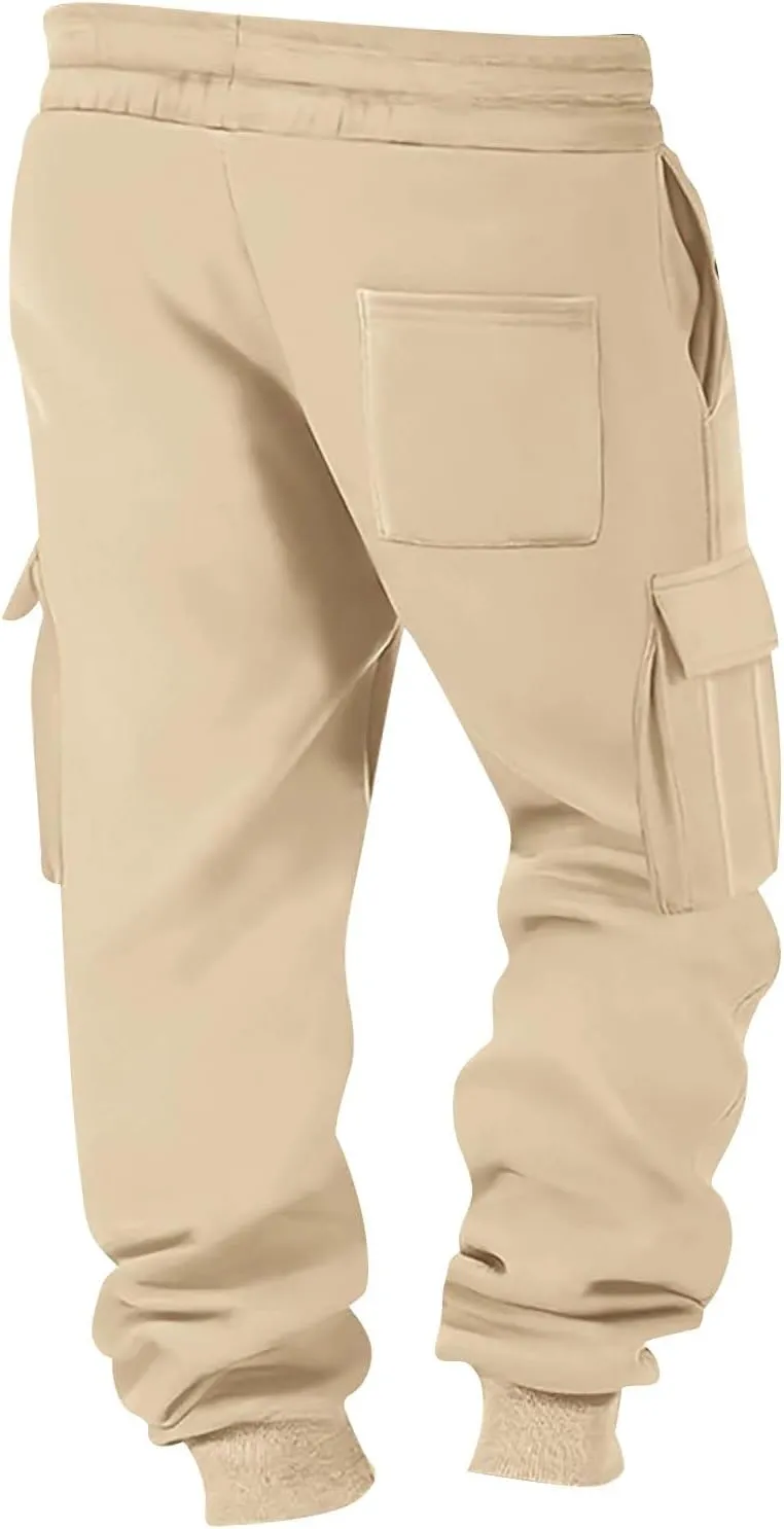 Mens Cargo Sweatpants Cotton Fleece Lined Joggers Pants Baggy Drawstring Elastic Waist Multi Pockets Workout Pants