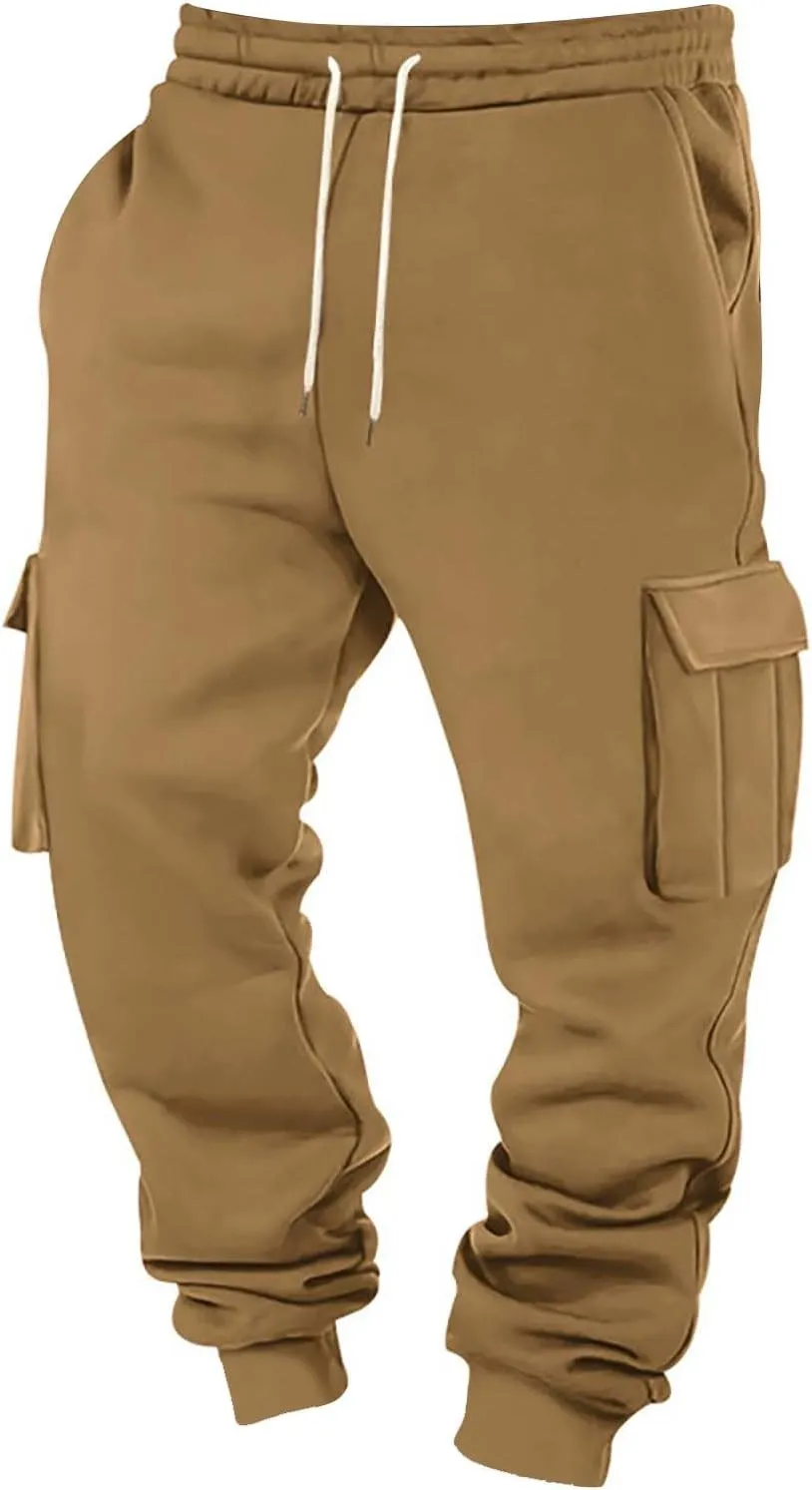 Mens Cargo Sweatpants Cotton Fleece Lined Joggers Pants Baggy Drawstring Elastic Waist Multi Pockets Workout Pants
