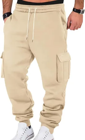 Mens Cargo Sweatpants Cotton Fleece Lined Joggers Pants Baggy Drawstring Elastic Waist Multi Pockets Workout Pants