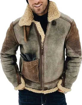 Men's Suede Winter Jacket Fur Collar Bomber Faux Leather Coat Sherpa Lined Warm Winter Outwear