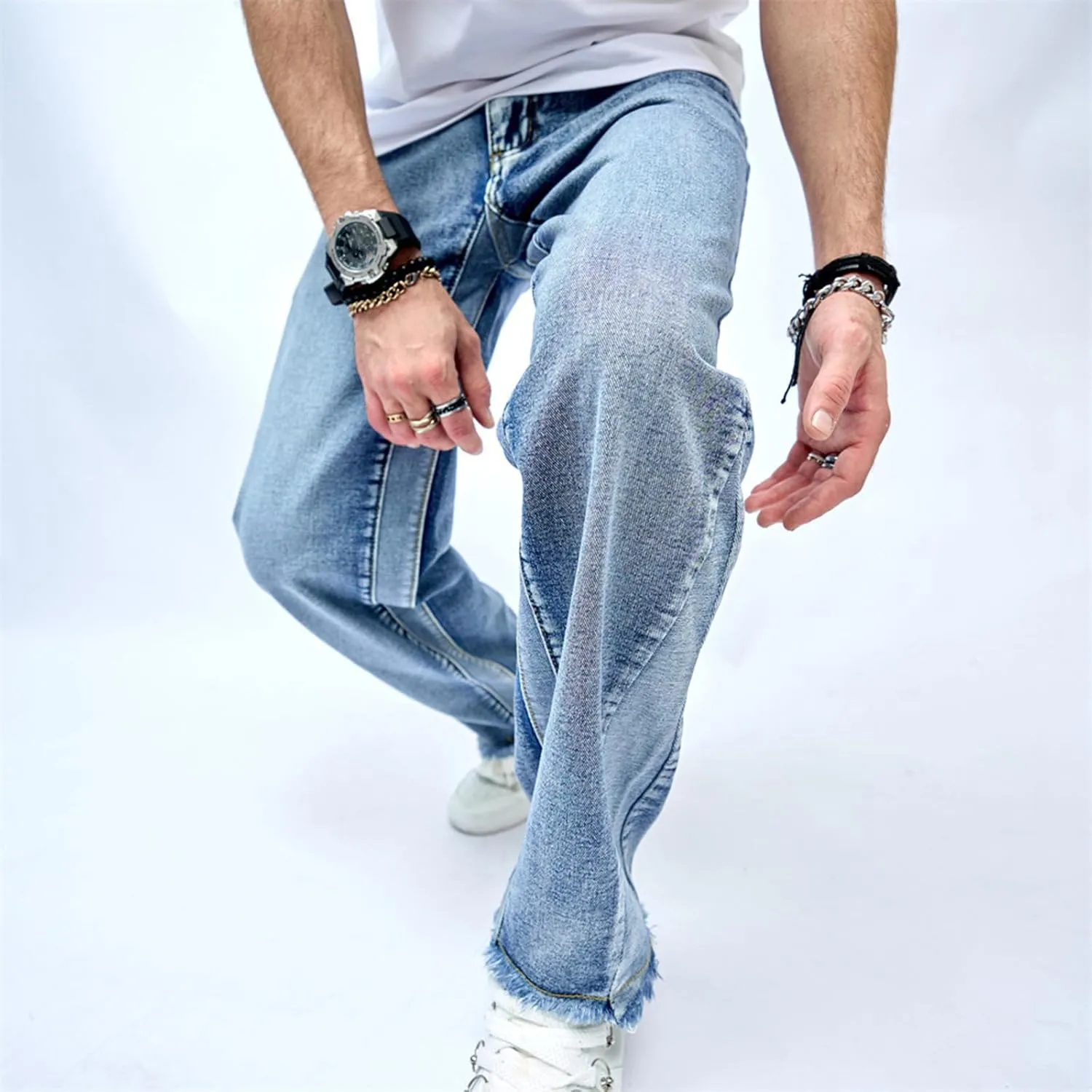 Mens Wide Leg Jeans Baggy Regular Relaxed Fit Straight Leg Jeans Raw Hem Vintage Y2k Loose Fit Denim Pants