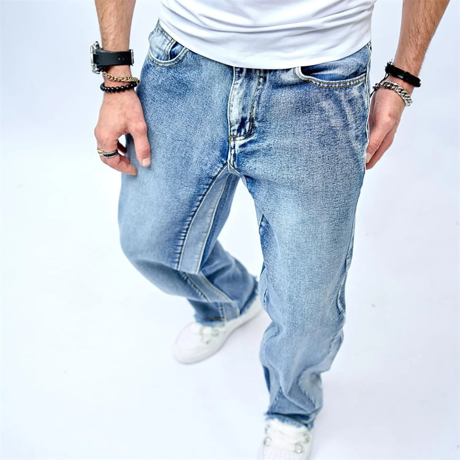 Mens Wide Leg Jeans Baggy Regular Relaxed Fit Straight Leg Jeans Raw Hem Vintage Y2k Loose Fit Denim Pants