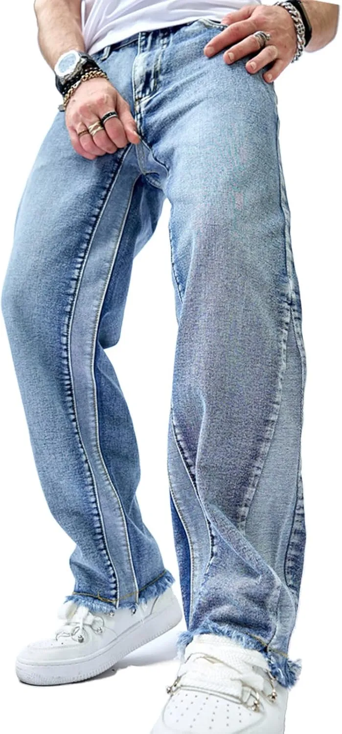 Mens Wide Leg Jeans Baggy Regular Relaxed Fit Straight Leg Jeans Raw Hem Vintage Y2k Loose Fit Denim Pants