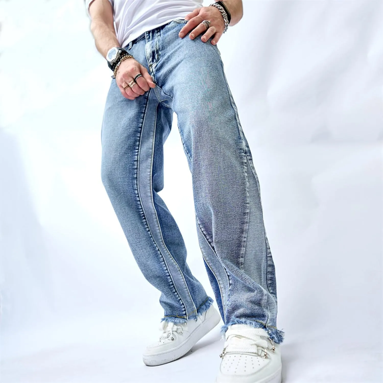 Mens Wide Leg Jeans Baggy Regular Relaxed Fit Straight Leg Jeans Raw Hem Vintage Y2k Loose Fit Denim Pants