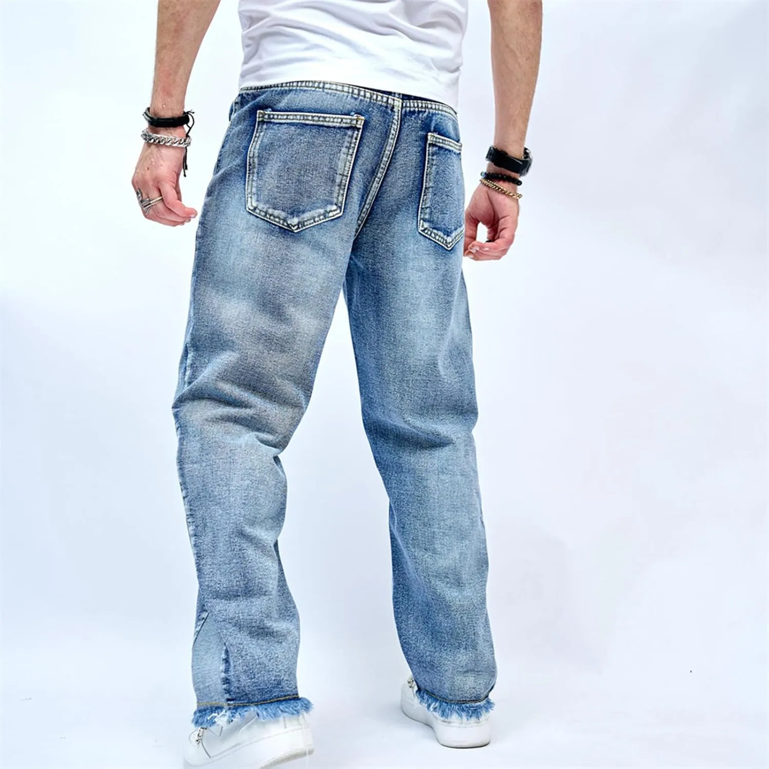 Mens Wide Leg Jeans Baggy Regular Relaxed Fit Straight Leg Jeans Raw Hem Vintage Y2k Loose Fit Denim Pants