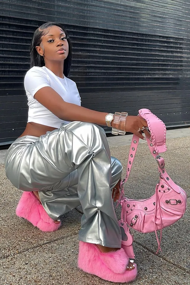 Metallic Silver Low Rise V-Cut Ruched Flare Pants