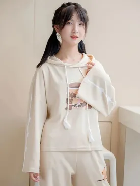 Metaversmall Harakuju Print Kawaii Hoodies Women Summer Half Sleeve Cotton Hooded Sweatshirts Sweet Style Korean Fashion Drawstring Tops