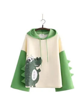 Metaversmall Kawaii dinosaur print Harajuku Women Hoodies Fleece Hooded Sweatshirt Winter Sweet Style Korean Ladies Drawstring Tops