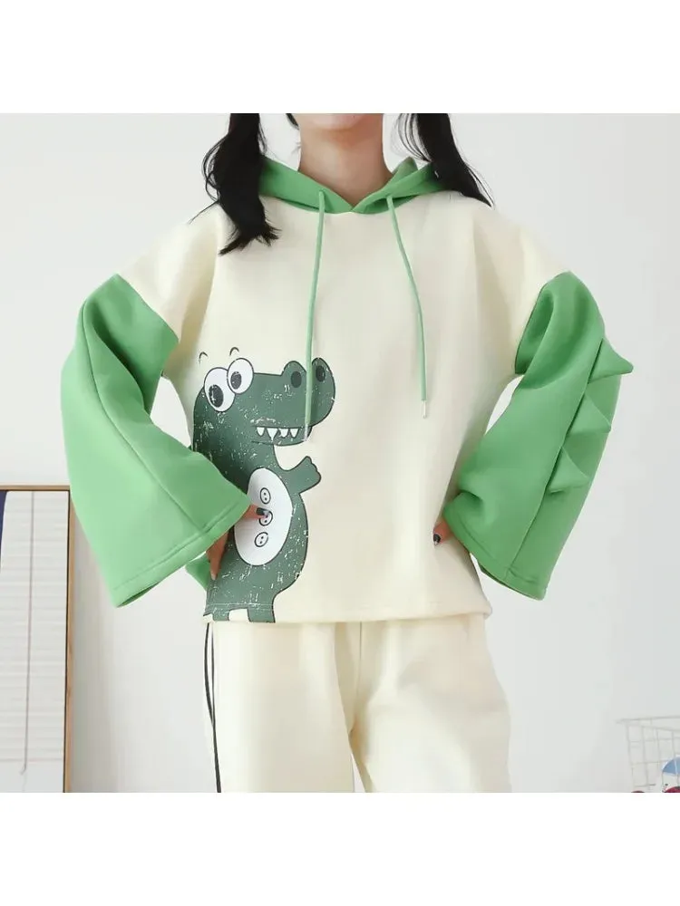 Metaversmall Kawaii dinosaur print Harajuku Women Hoodies Fleece Hooded Sweatshirt Winter Sweet Style Korean Ladies Drawstring Tops