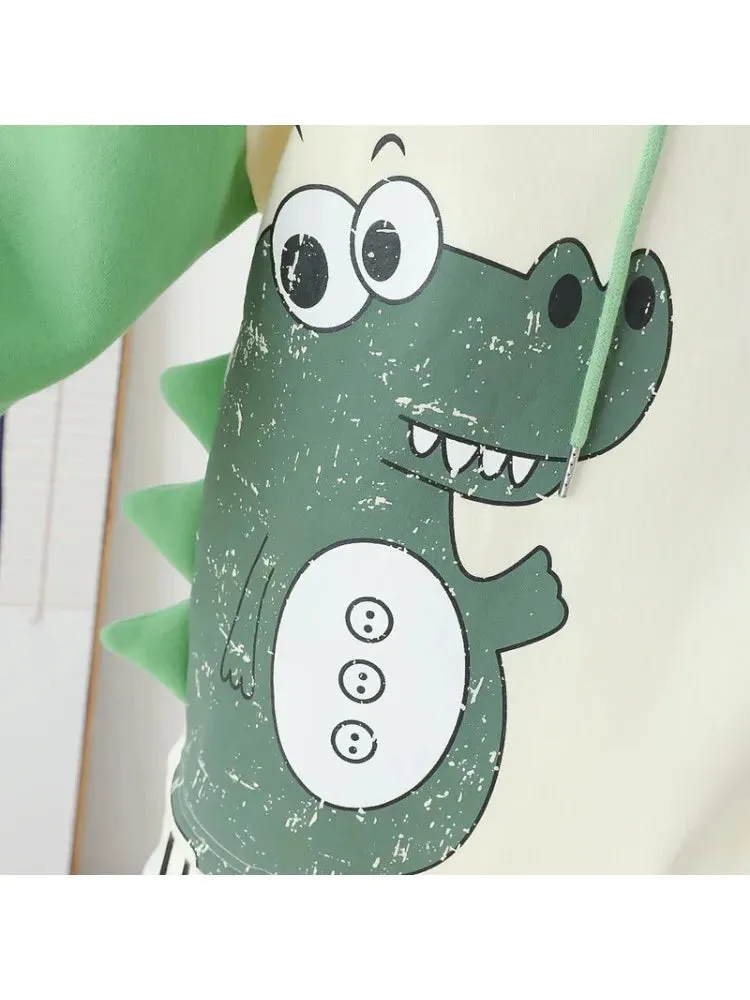 Metaversmall Kawaii dinosaur print Harajuku Women Hoodies Fleece Hooded Sweatshirt Winter Sweet Style Korean Ladies Drawstring Tops
