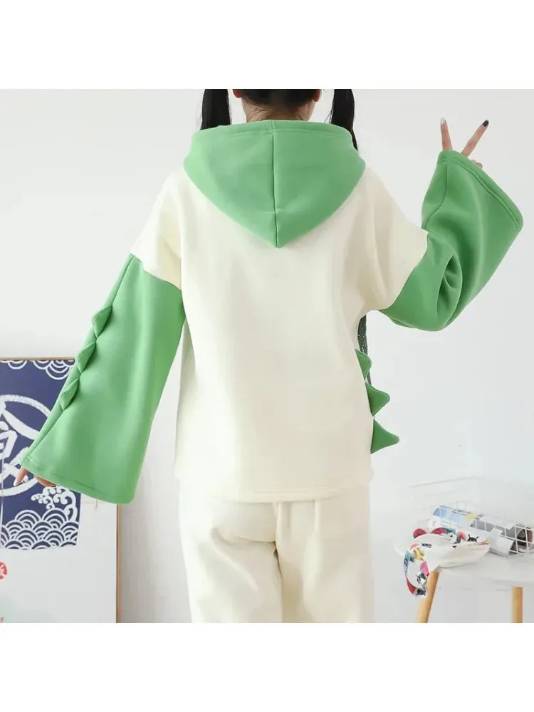 Metaversmall Kawaii dinosaur print Harajuku Women Hoodies Fleece Hooded Sweatshirt Winter Sweet Style Korean Ladies Drawstring Tops