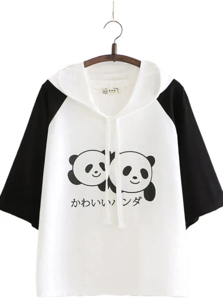 Metaversmall Women Cartoon Panda Print Funny T Shirts With Ears On Hood Summer Cotton Hooded  Shirt Casual Short Sleeve Cute
